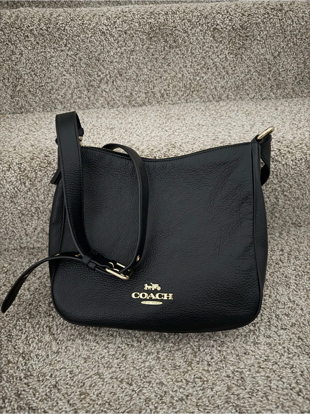 Coach Ellie File Black Pebbled Leather Shoulder Bag with Gold Logo